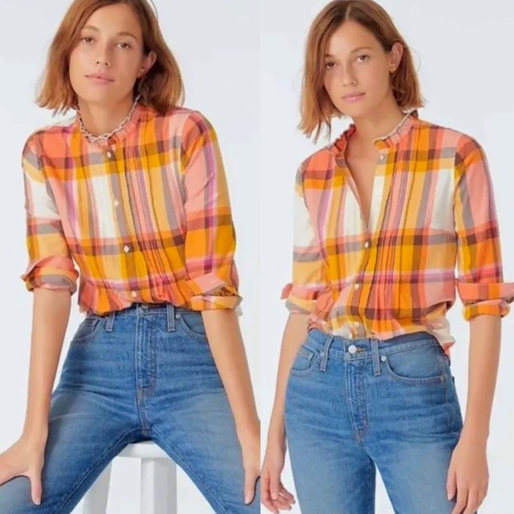 🍊 J.CREW ORANGE YELLOW RUFFLE COLLAR PLAID BUTTON DOWN SHIRT! - Picture 16 of 16
